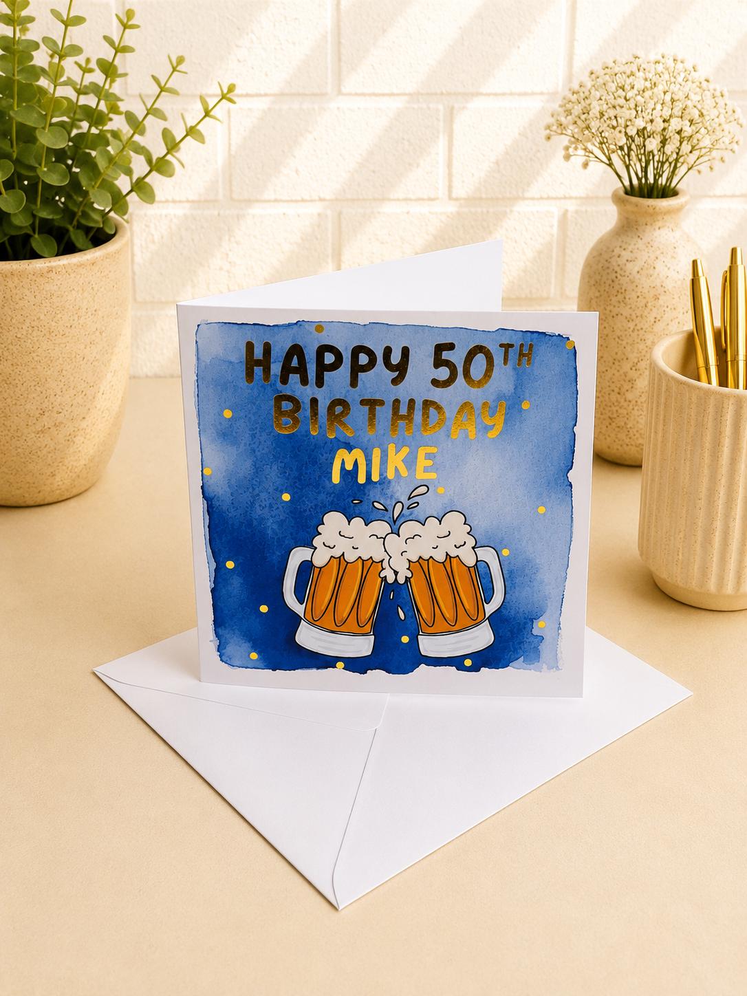 Hand-Illustrated Beer Birthday Card, Personalised Foiling Celebration Greeting (Any Age)