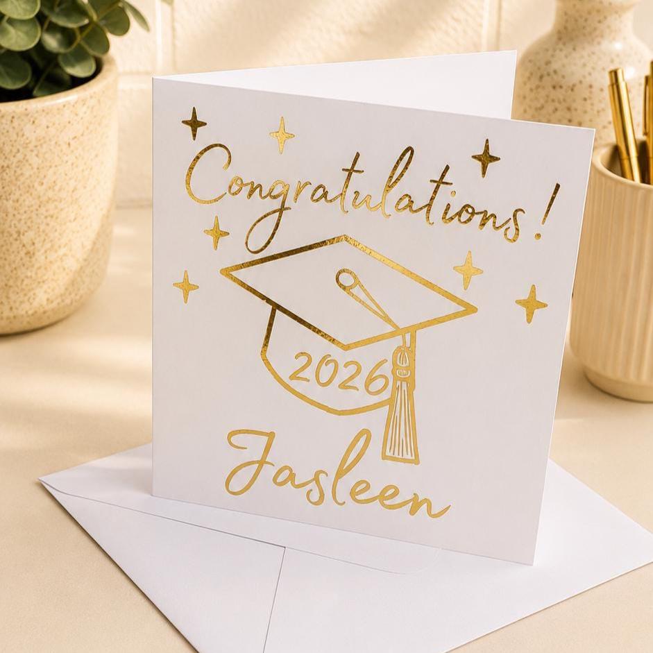 Graduation Card, Congrats, Congratulations, Graduate, Hand-Illustrated Celebration Greeting, Personalised Foiling Option
