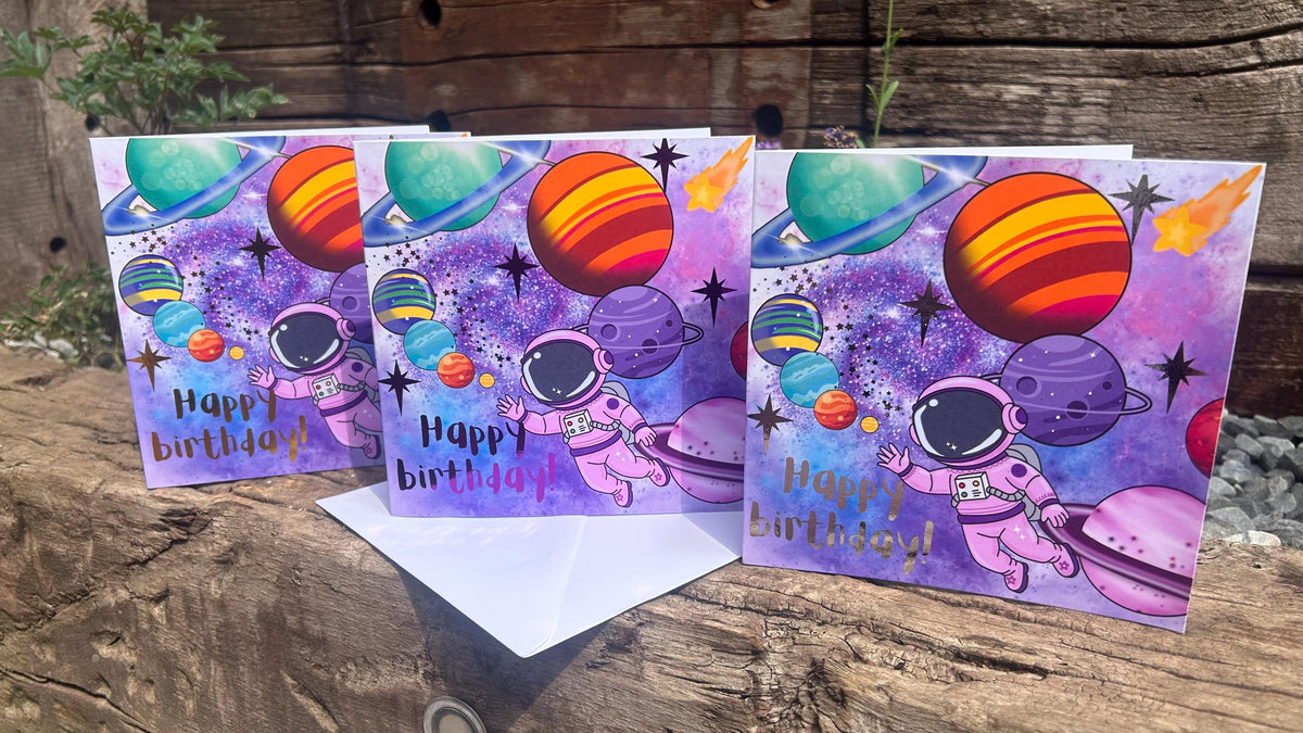 Child's Space Themed Birthday Card, Hand-Illustrated Celebration Greeting, Personalised Foiling Option, Any Age