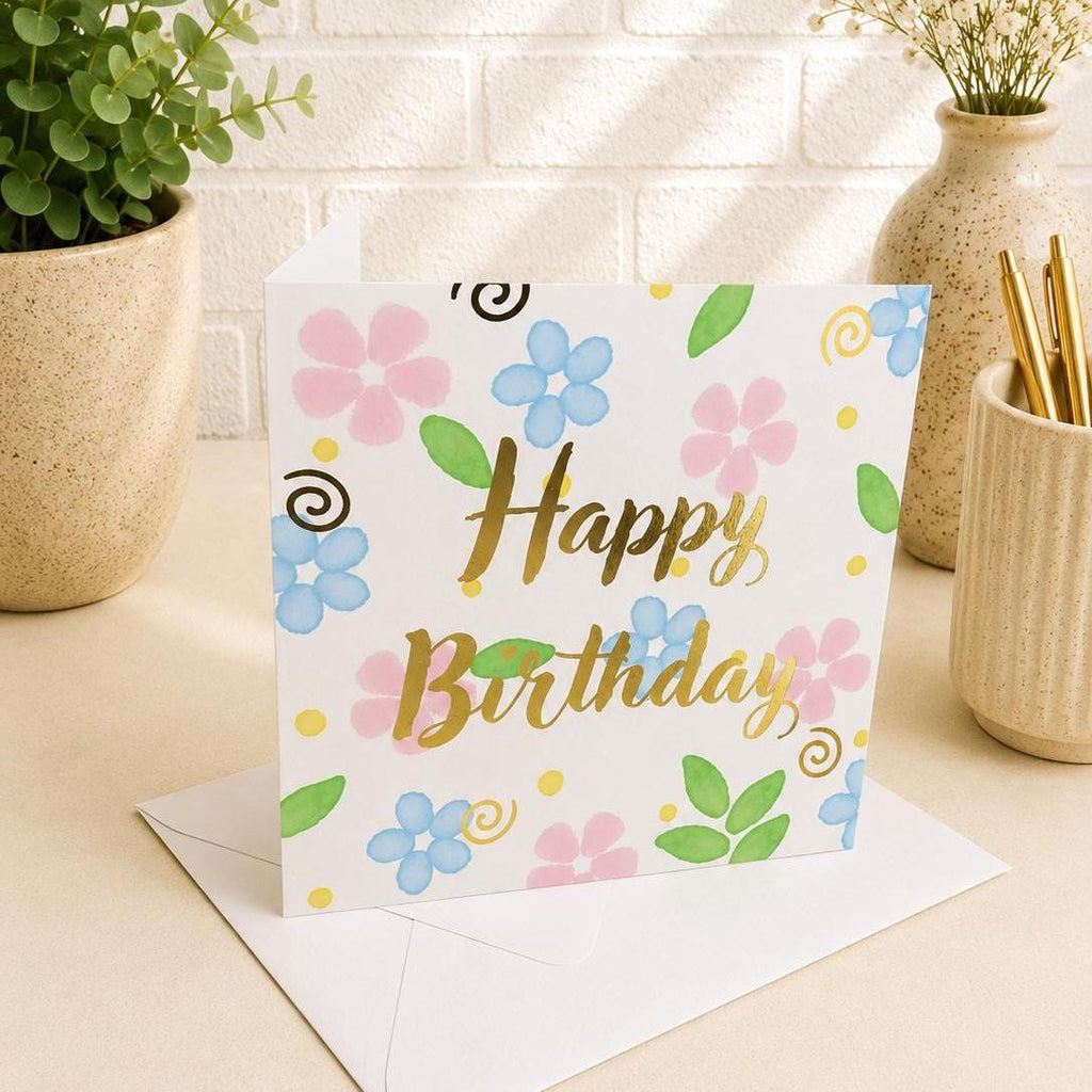 Watercolour Floral Birthday Card, Hand-Illustrated Celebration Greeting, Personalised Foiling Option