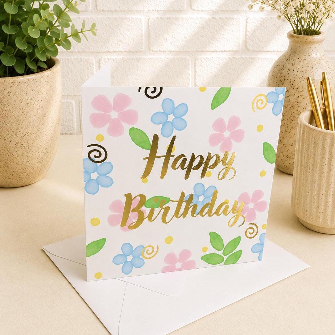 Watercolour Floral Birthday Card, Hand-Illustrated Celebration Greeting, Personalised Foiling Option