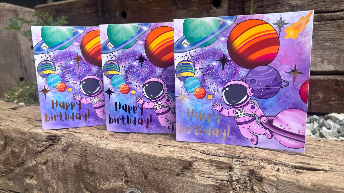 Child's Space Themed Birthday Card, Hand-Illustrated Celebration Greeting, Personalised Foiling Option, Any Age