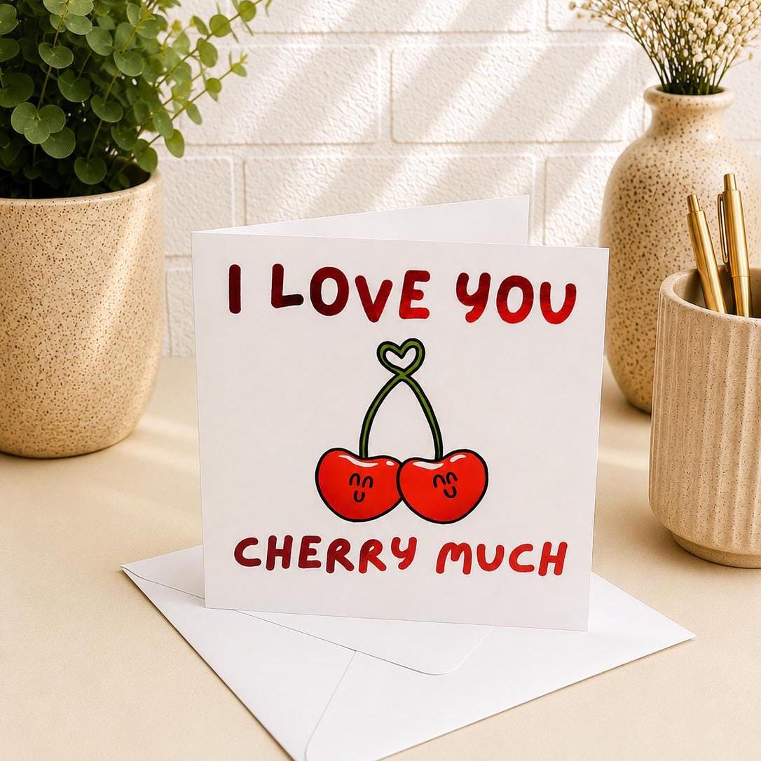 Love You Cherry Much Card, Hand-Illustrated Celebration Greeting, Personalised Foiling Option