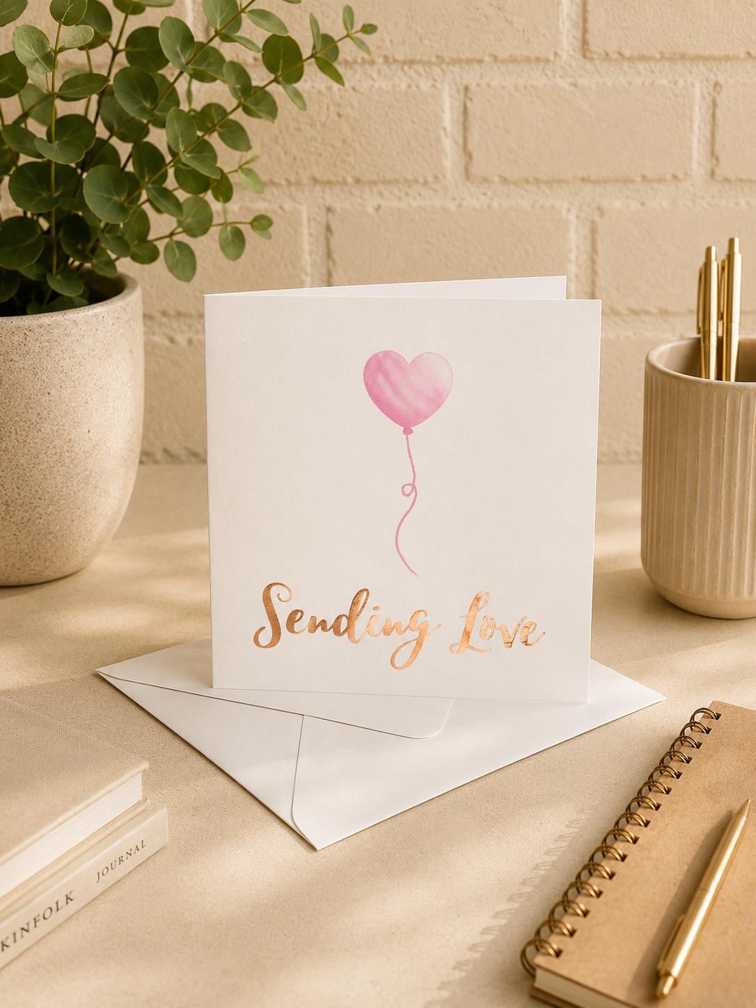 Sending Love, Heart Balloon Card, Hand-Illustrated, Greeting