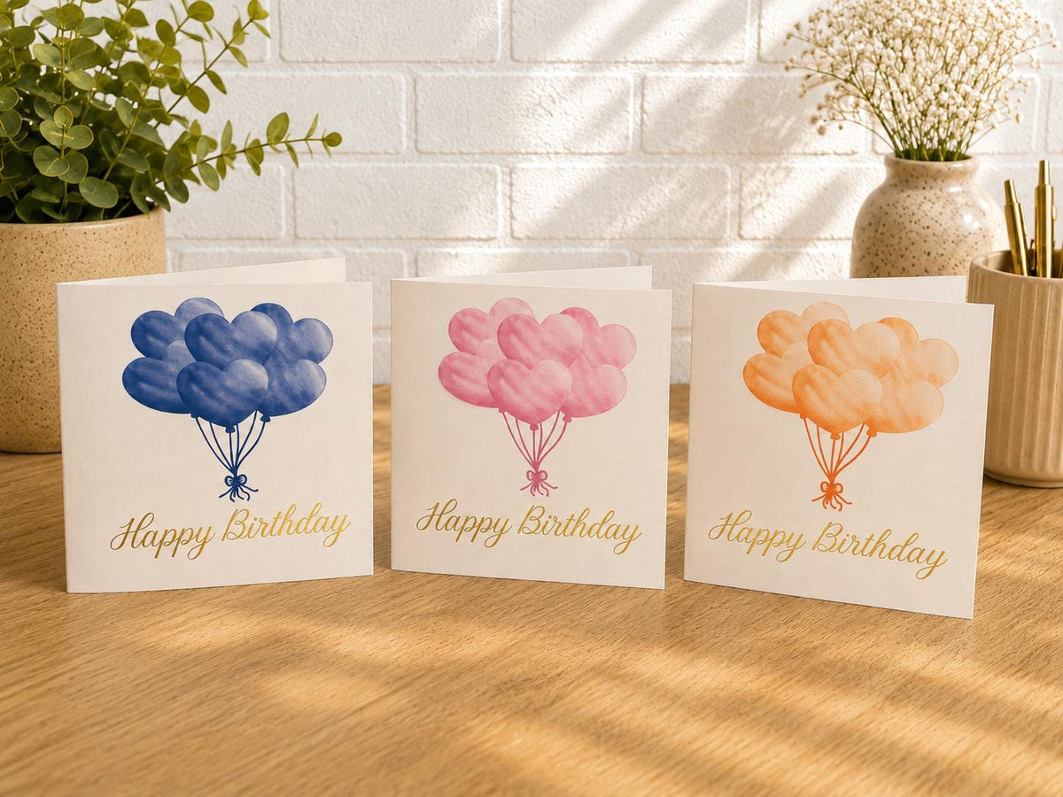 Heart Balloons Happy Birthday Card, Hand-Illustrated Celebration Greeting