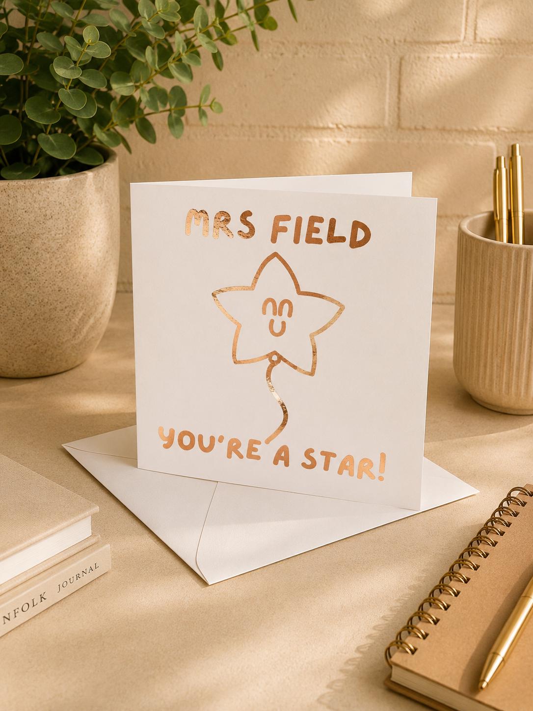 You're A Star Thank You Card, Hand-Illustrated Celebration Greeting, Personalised Foiling Option, Teacher, TA