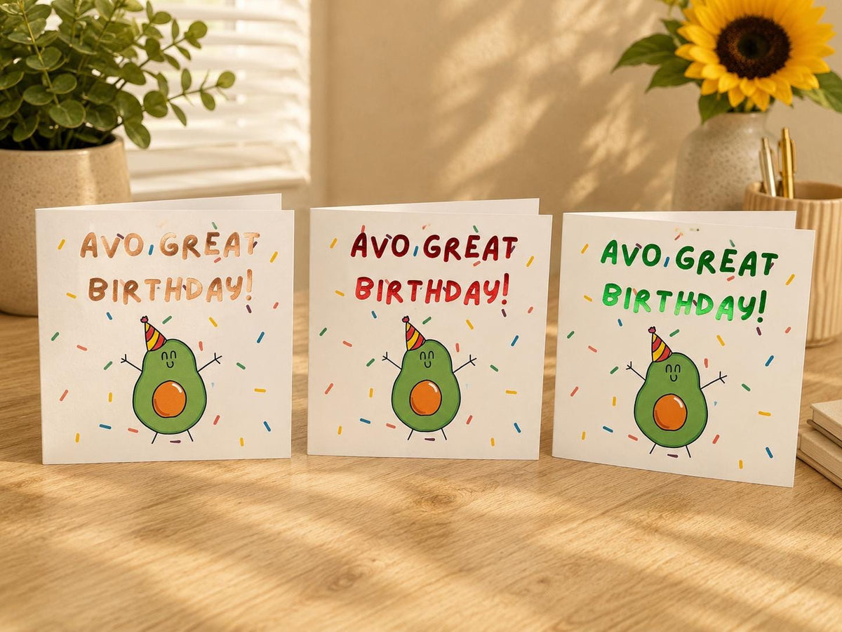 Avocado Birthday Card, Hand-Illustrated Celebration Greeting, Personalised Foiling Option