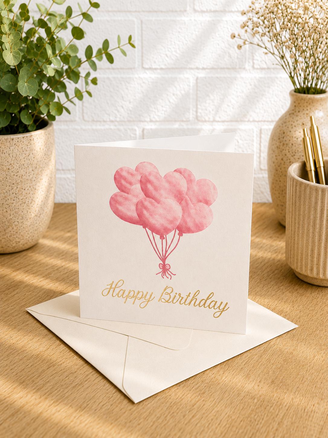 Heart Balloons Happy Birthday Card, Hand-Illustrated Celebration Greeting