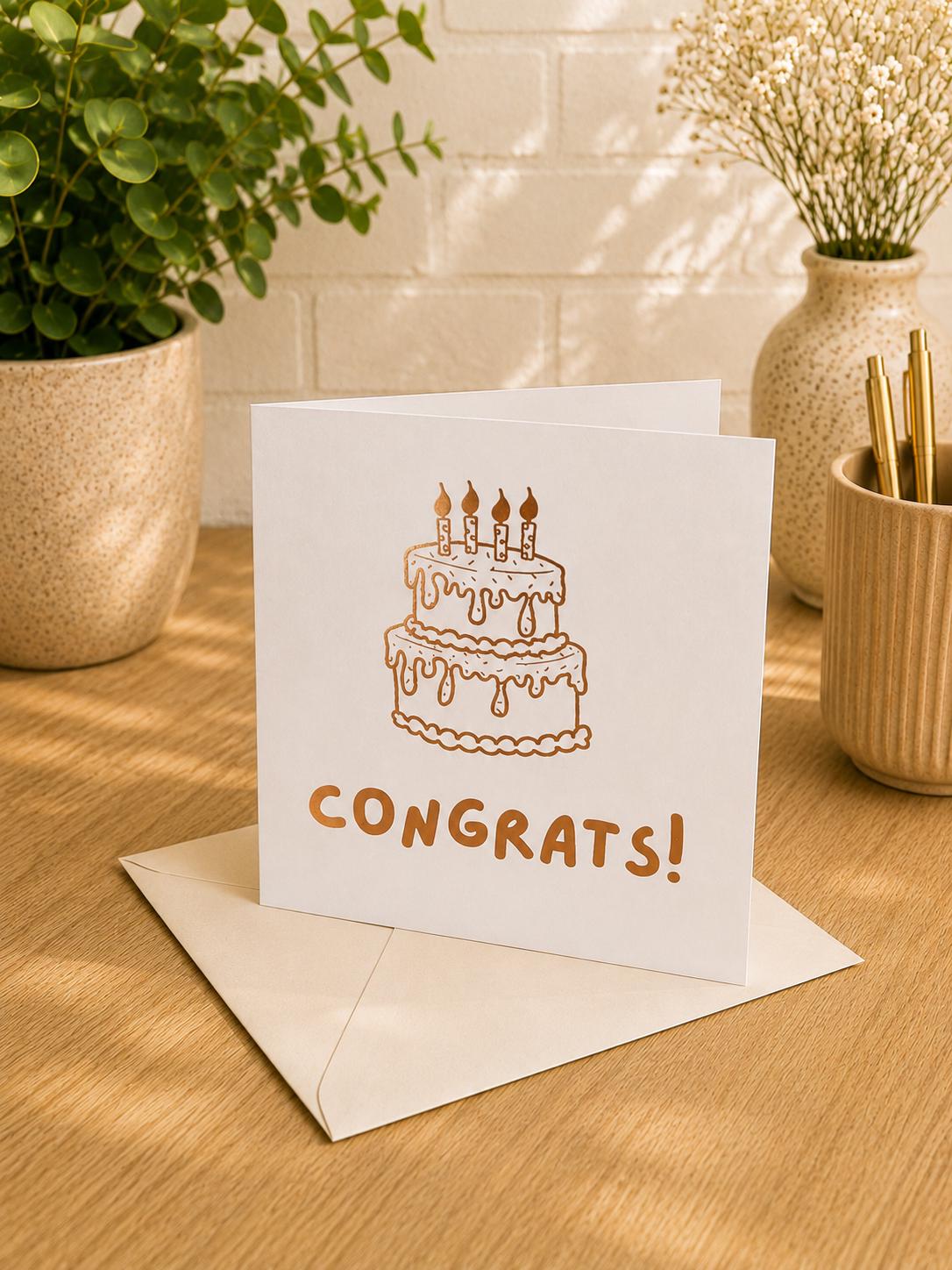Cake Birthday Card, Congrats, Congratulations, Hand-Illustrated Celebration Greeting, Personalised Foiling Option