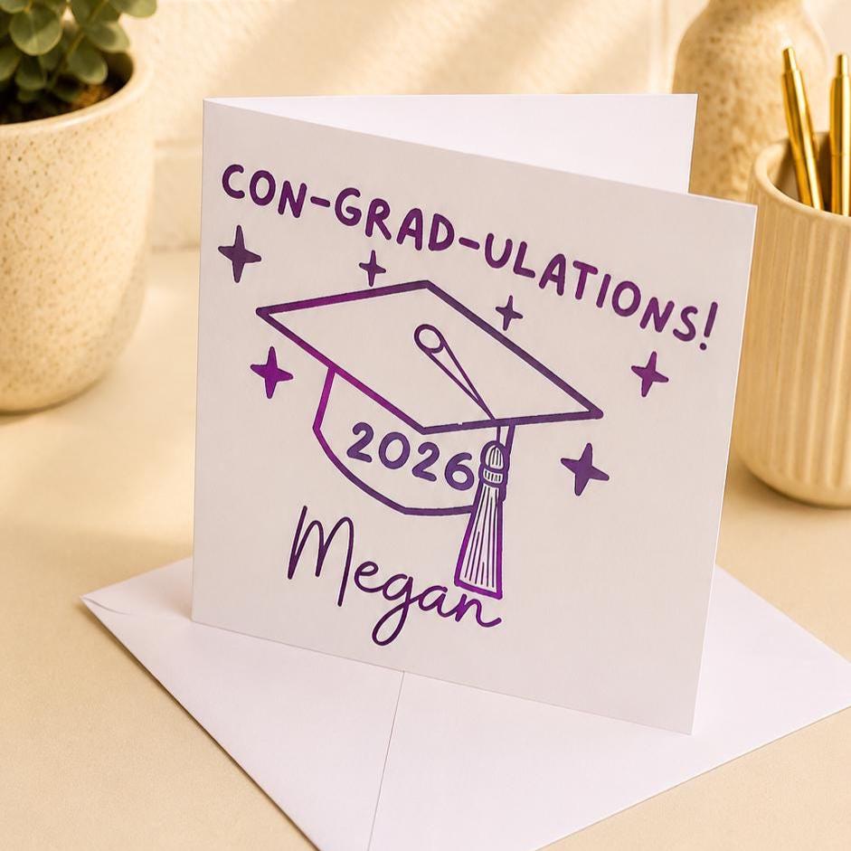 Graduation Card, Congrats, Congratulations, Graduate, Hand-Illustrated Celebration Greeting, Personalised Foiling Option