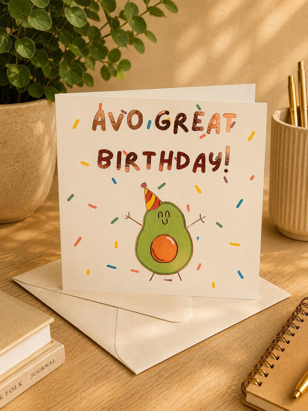 Avocado Birthday Card, Hand-Illustrated Celebration Greeting, Personalised Foiling Option