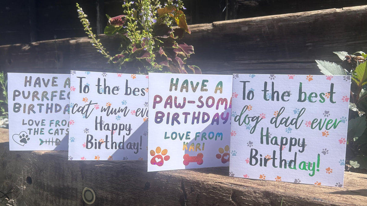 Dog Cat Mum Dad Pet Birthday Card, Celebration Greeting, Personalised Foiling Option